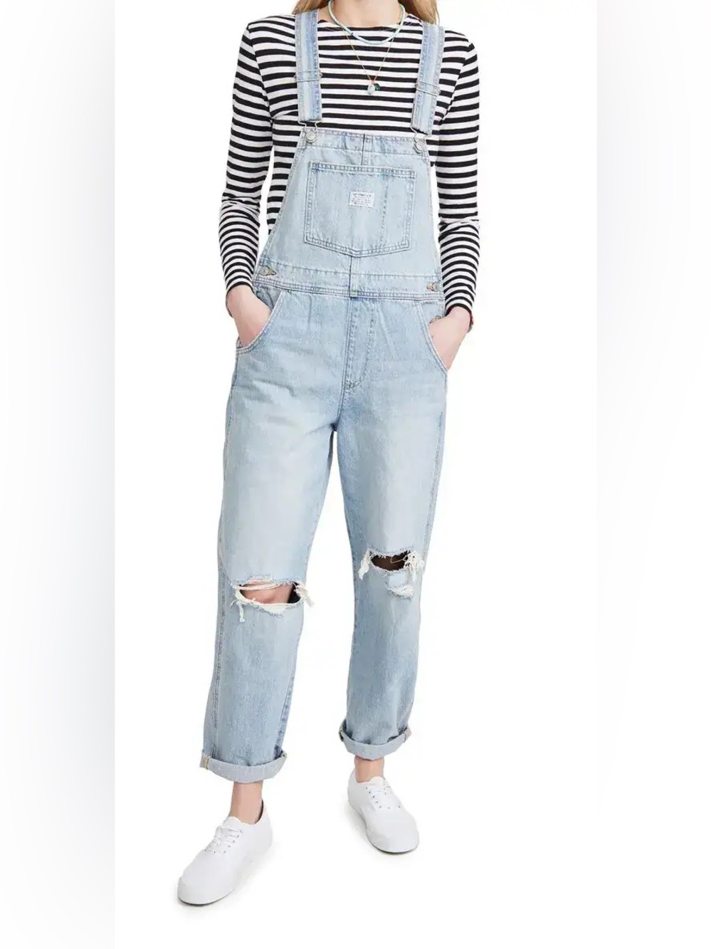 Levi’s Vintage Fit Straight Leg Blue Distressed Ripped Knee Denim Overalls Small